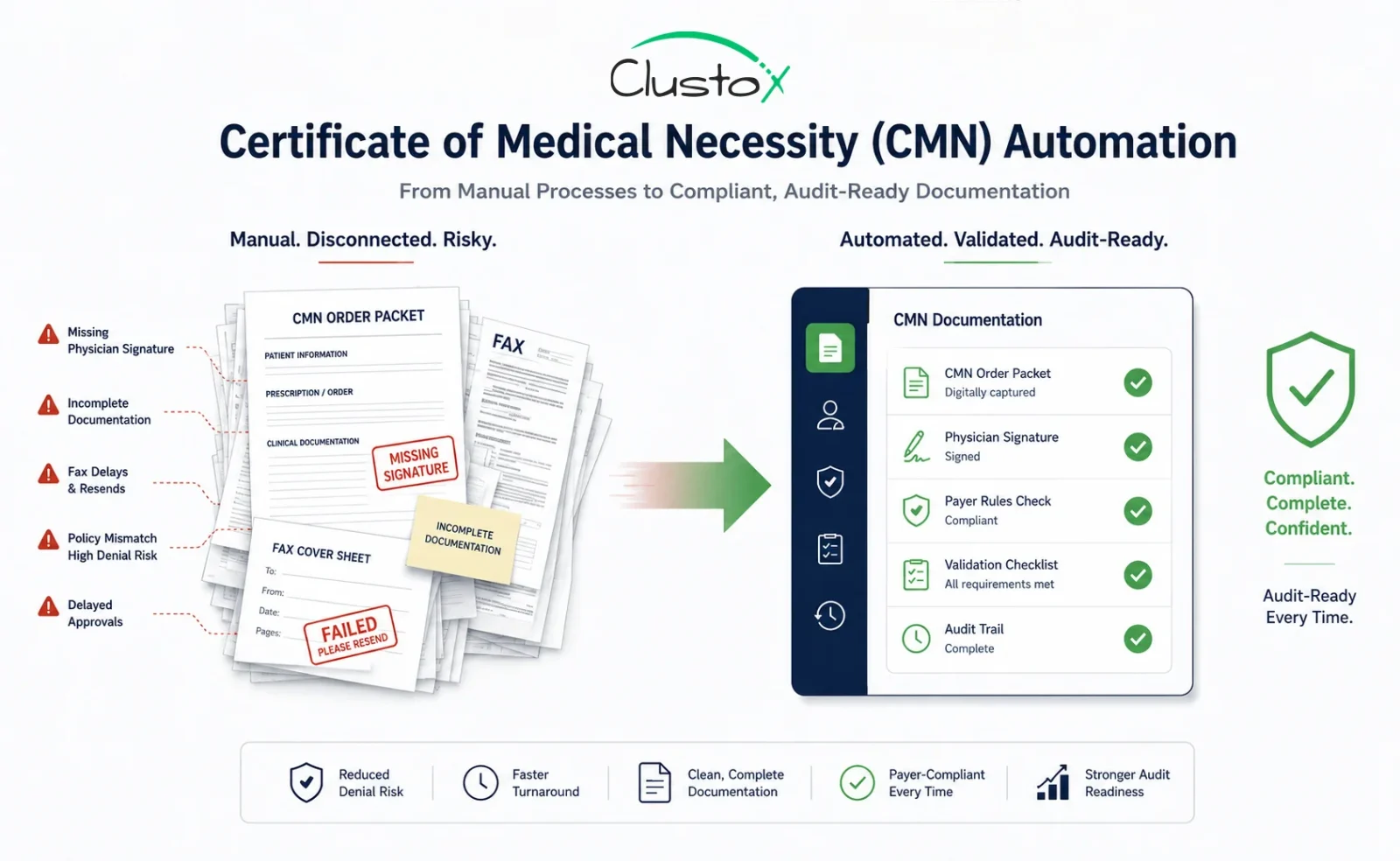 feature image showing a DME documentation workflow shifting from manual paperwork and fax-based delays to a structured digital validation and audit-ready automation process in 2026