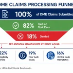 DME claims processing funnel showing 18% denial rate with breakdowns by denial reason category