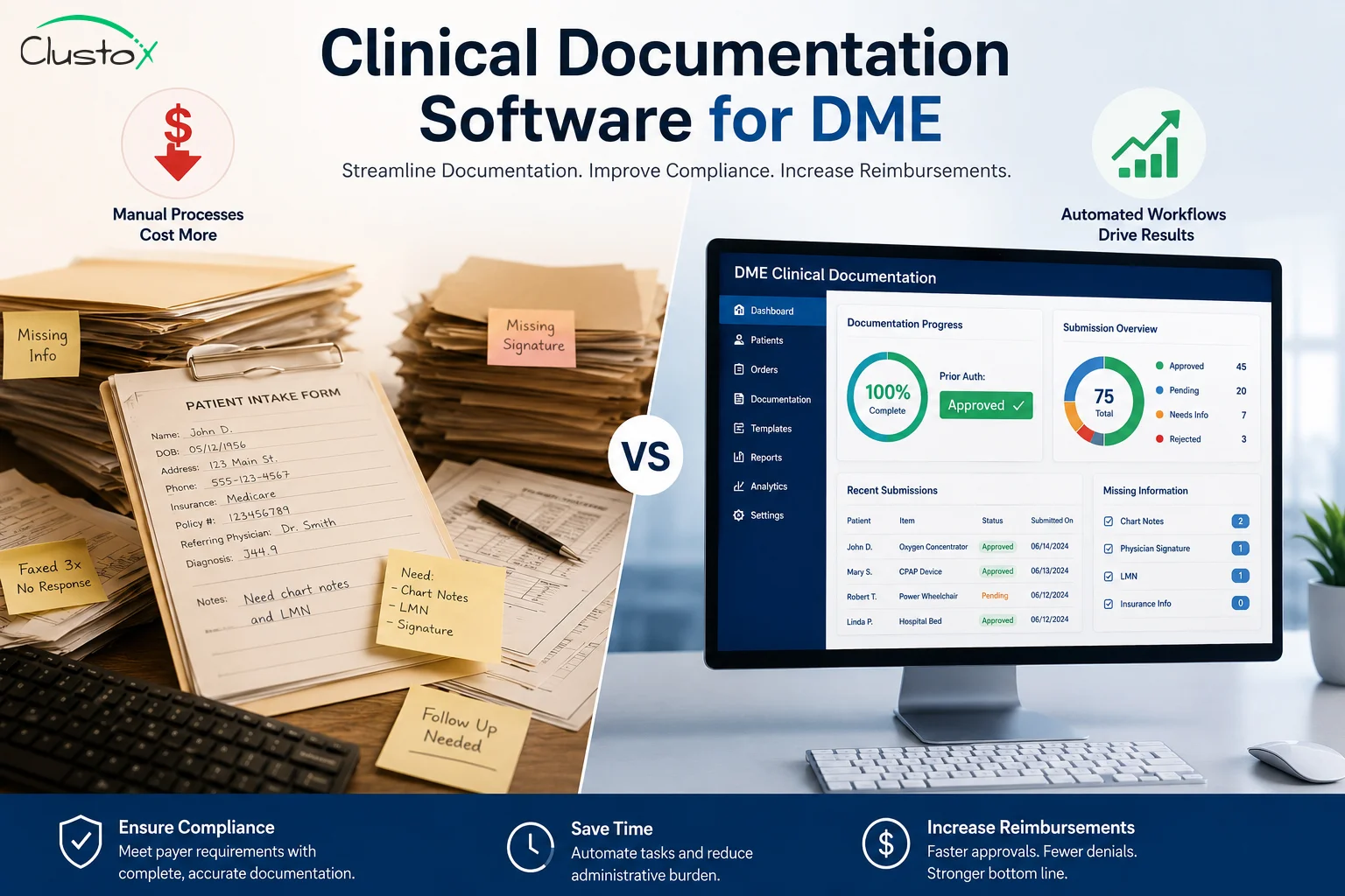 Clinical documentation software for DME providers showing the contrast between manual paper-based workflows and automated digital documentation systems