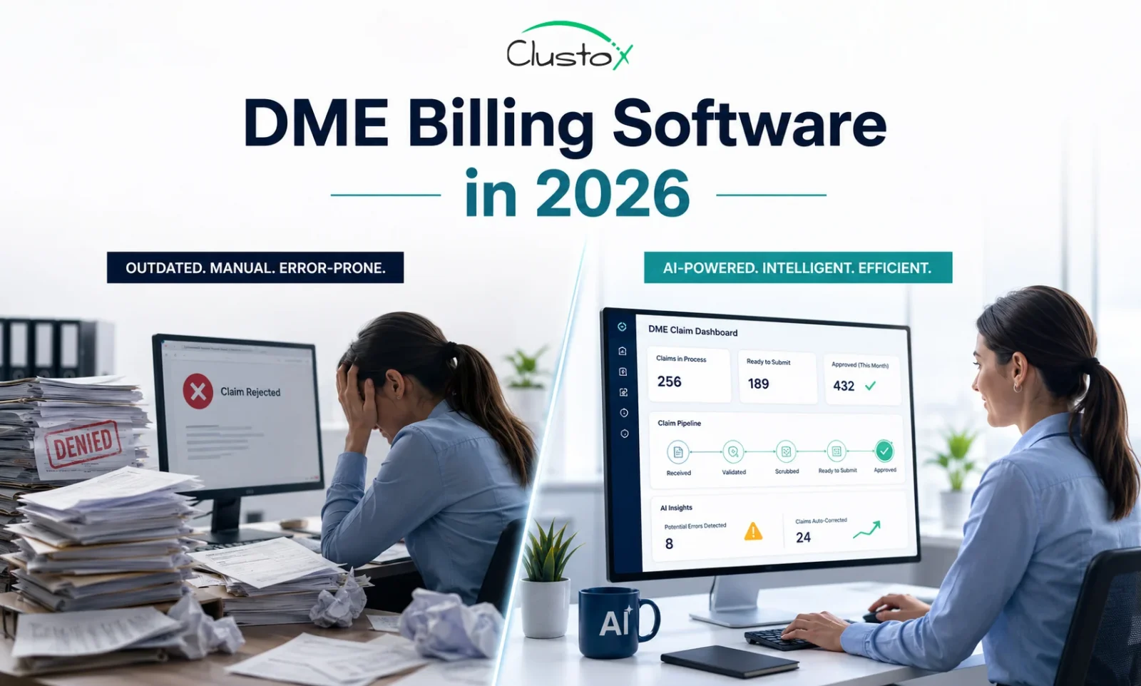 Side-by-side comparison of traditional DME billing with paper forms and errors versus AI-powered DME billing software with clean dashboards and approvals