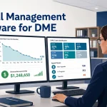 DME billing manager reviewing denial management software dashboard showing recovered revenue metrics and CARC code classifications