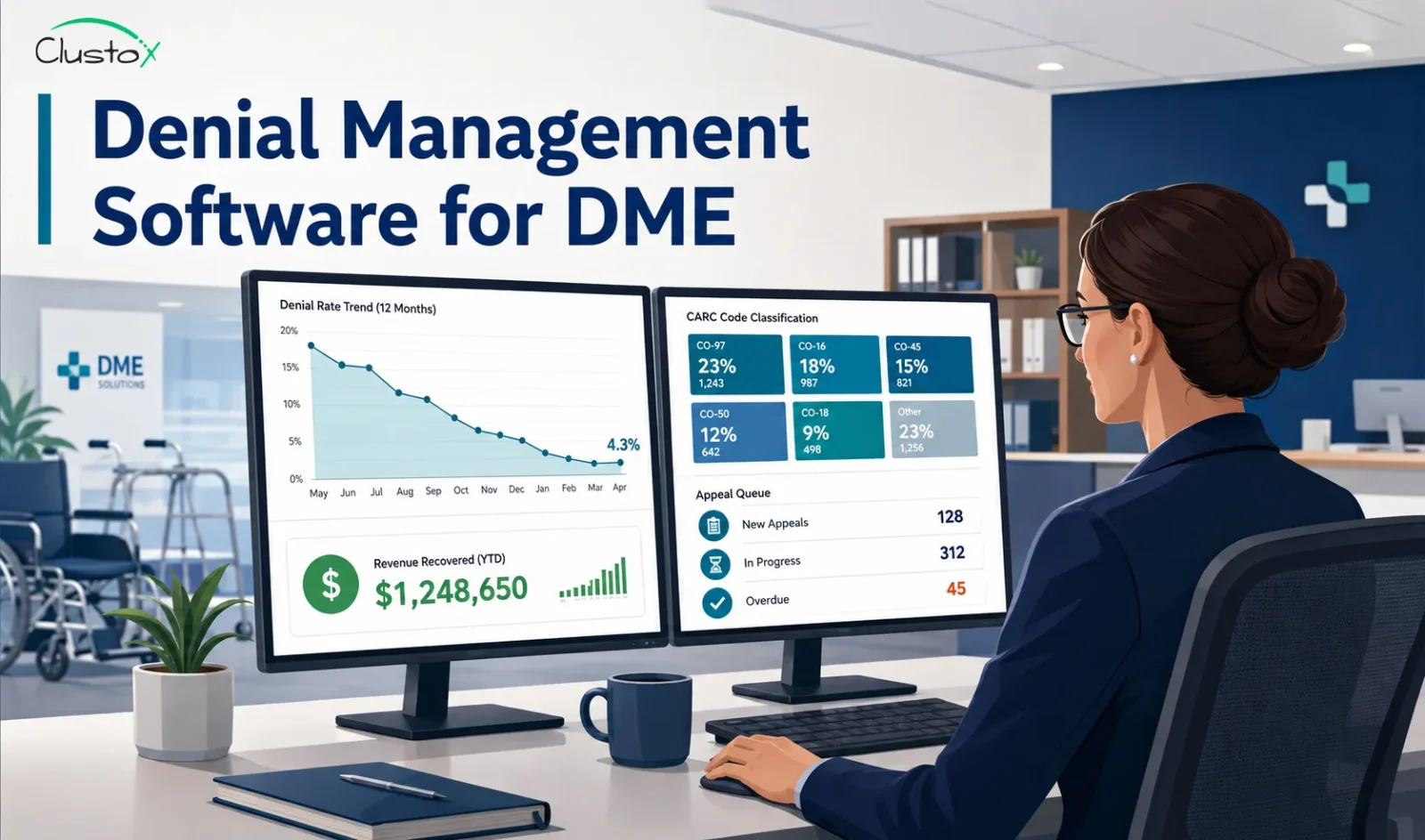 DME billing manager reviewing denial management software dashboard showing recovered revenue metrics and CARC code classifications