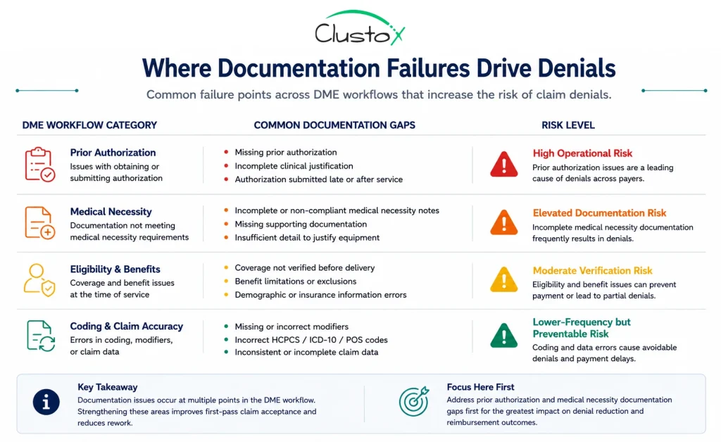 infographic showing which DME documentation workflows carry the highest denial and compliance risk