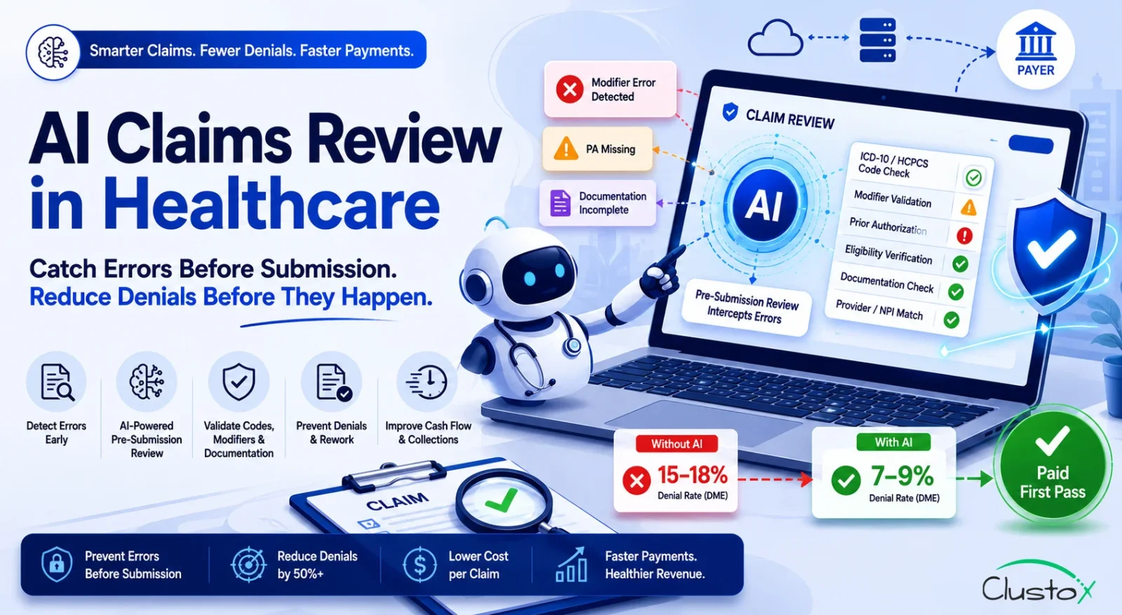 Healthcare claims processing workflow diagram showing an AI error detection layer catching coding, modifier, and documentation errors before submission to the payer