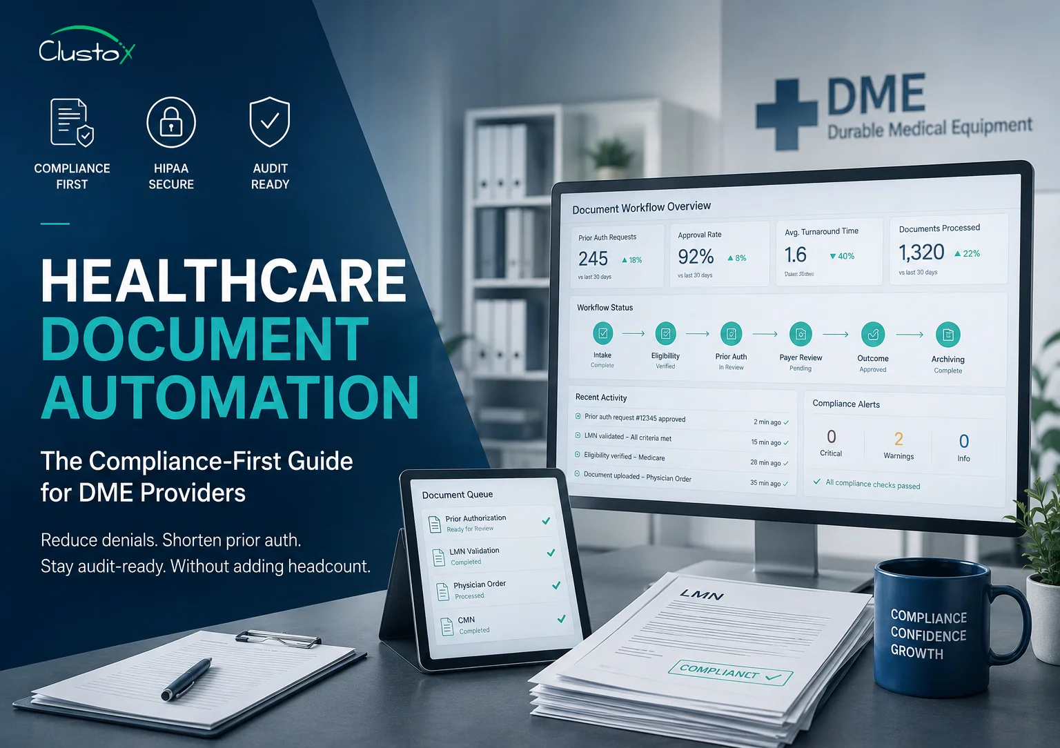 Healthcare document automation workspace for DME providers with compliance dashboards and digital workflow tracking