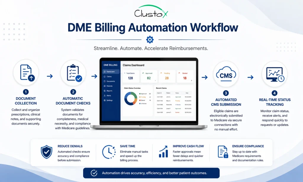 DME billing automation dashboard showing Medicare prior authorization workflow and real-time claim tracking
