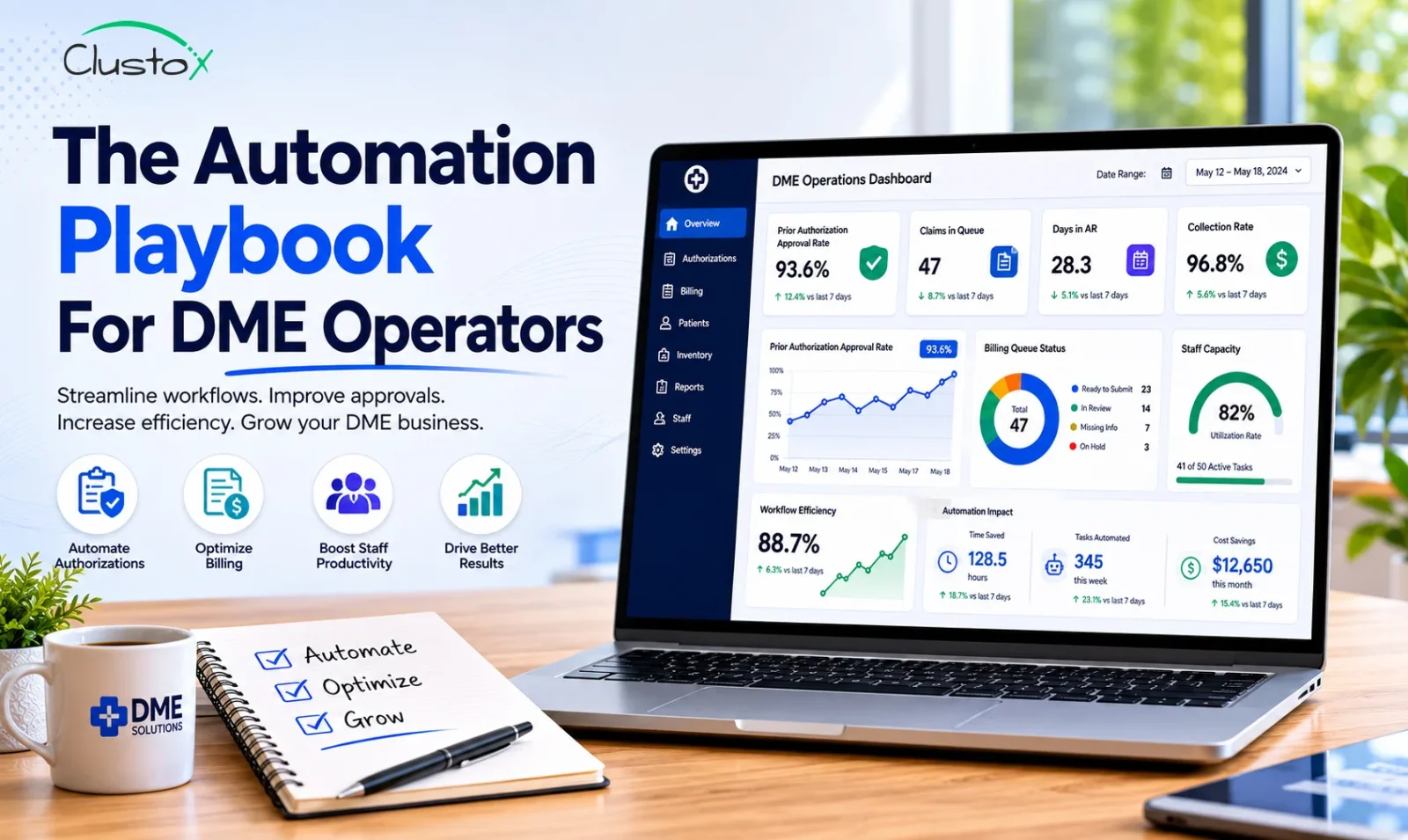 Professional DME operations dashboard illustrating automation workflows, billing efficiency, prior authorization tracking, and performance metrics for a DME management software guide