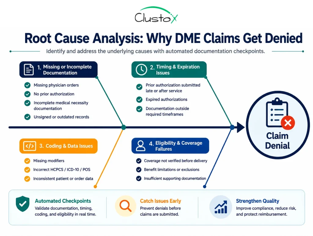 Fishbone diagram infographic showing root causes of DME claim denials with automated documentation checkpoints at each failure point
