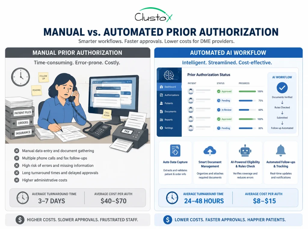 Manual versus automated prior authorization process for DME providers showing time and cost difference