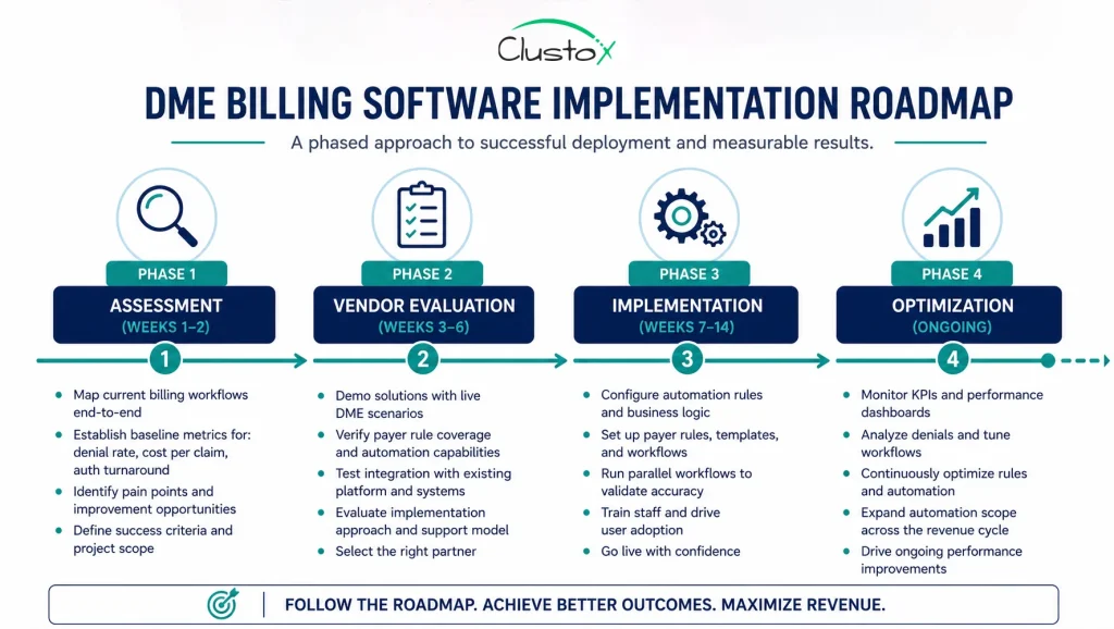 Four-phase DME billing software implementation roadmap showing assessment, vendor evaluation, implementation, and optimization phases with timeline markers