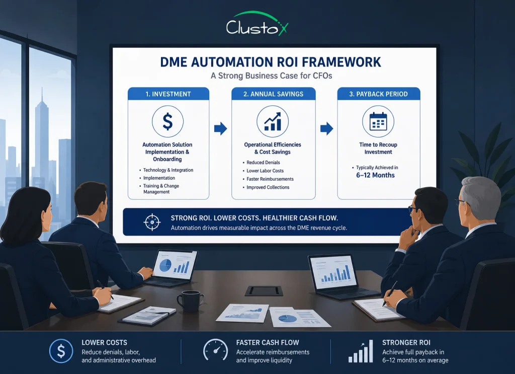 DME CFO presenting automation ROI business case to board showing investment payback period framework