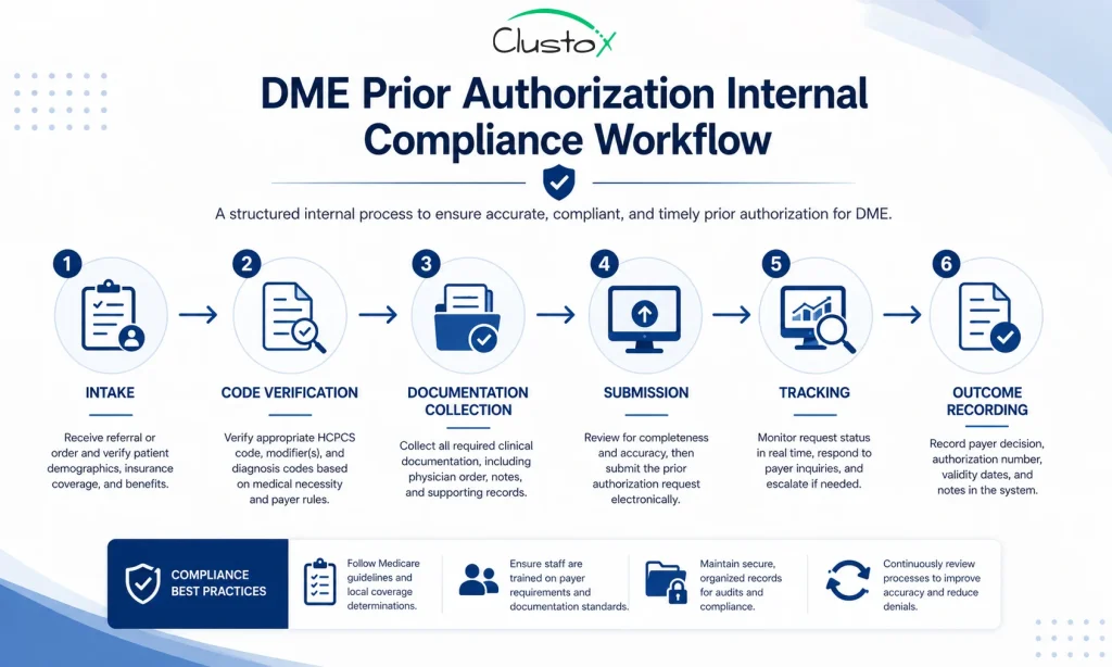 Internal compliance workflow diagram for Medicare prior authorization management in a DME organization