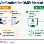 Side-by-side comparison diagram of manual versus real-time insurance eligibility verification for DME providers showing time, accuracy, and denial rate differences