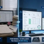 Split-screen illustration showing traditional DME billing desk versus an AI-powered medical billing software dashboard with automated claim routing and eligibility verification