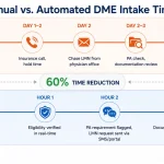 Side-by-side timeline comparison of manual DME patient intake taking 2-3 days versus automated intake completing in under 4 hours
