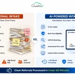 Side-by-side comparison of traditional paper-based DME patient intake workflow versus a modern AI-powered intake software dashboard showing real-time eligibility and prior auth status