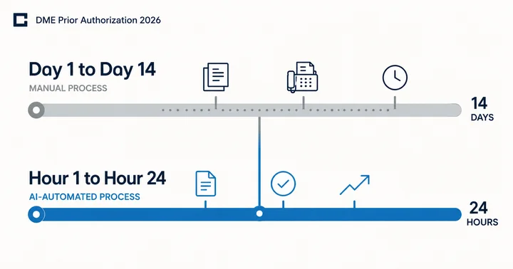 Side-by-side timeline comparing 14-day manual prior authorization to 24-hour AI-automated prior authorization workflow in DME