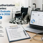 Professional healthcare office setup showing a DME prior authorization vendor evaluation dashboard, checklist, and medical equipment for a 2026 healthcare operations article