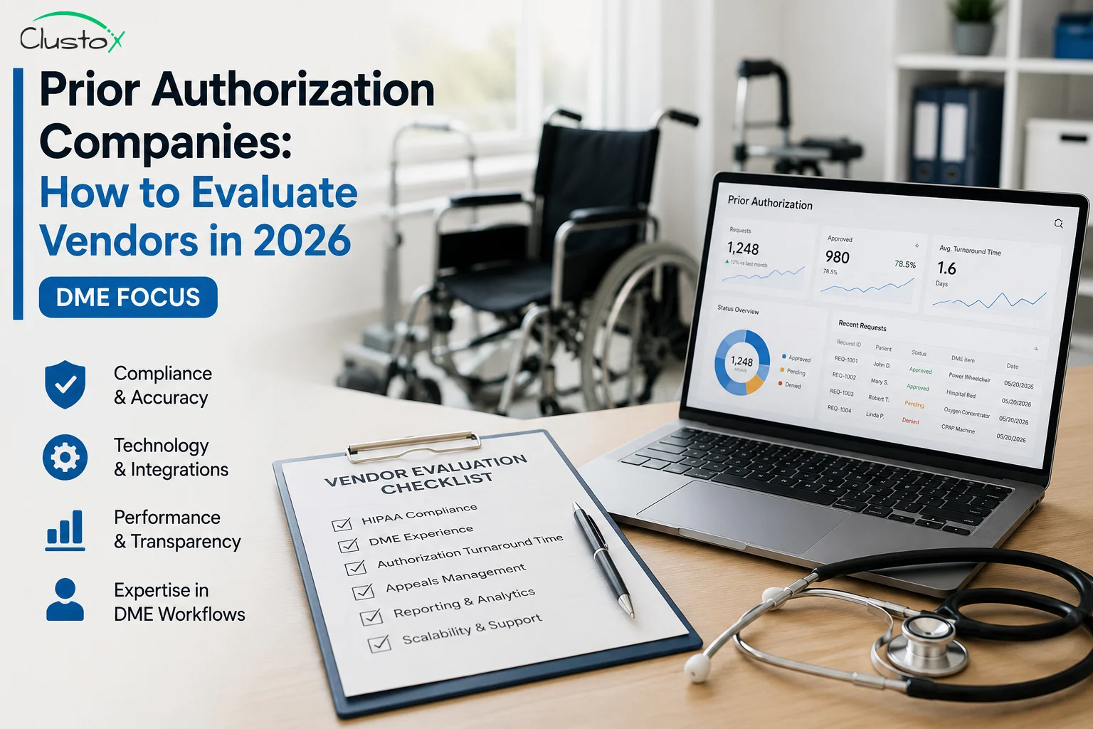 Professional healthcare office setup showing a DME prior authorization vendor evaluation dashboard, checklist, and medical equipment for a 2026 healthcare operations article