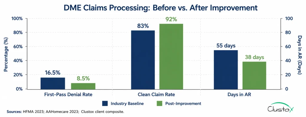 Bar chart comparing DME first-pass claim denial rates before and after claims processing software improvements