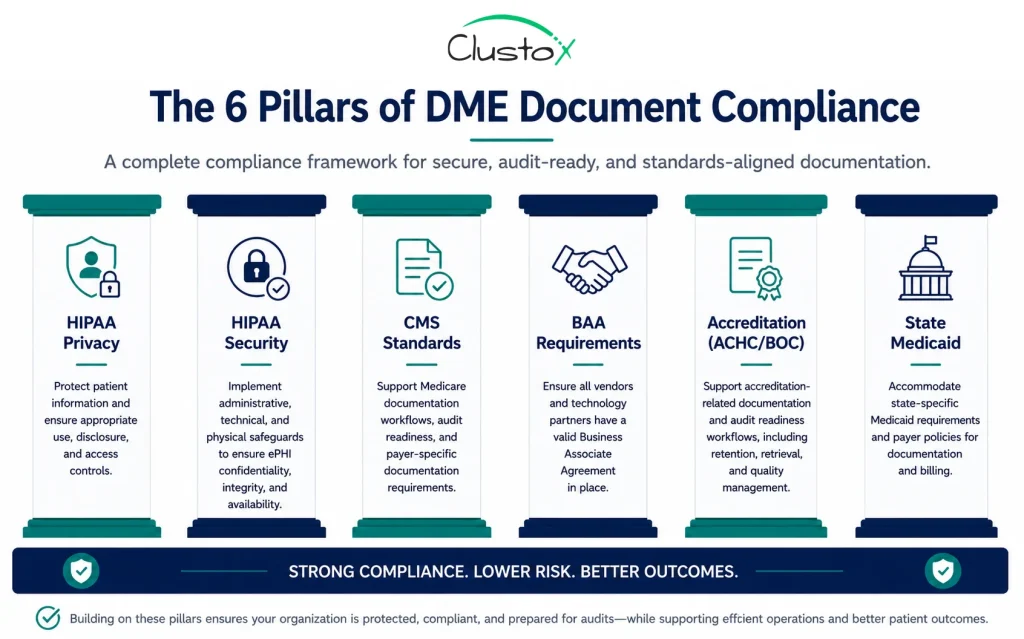 Compliance framework infographic showing six pillars of DME document automation requirements including HIPAA, CMS standards, and accreditation