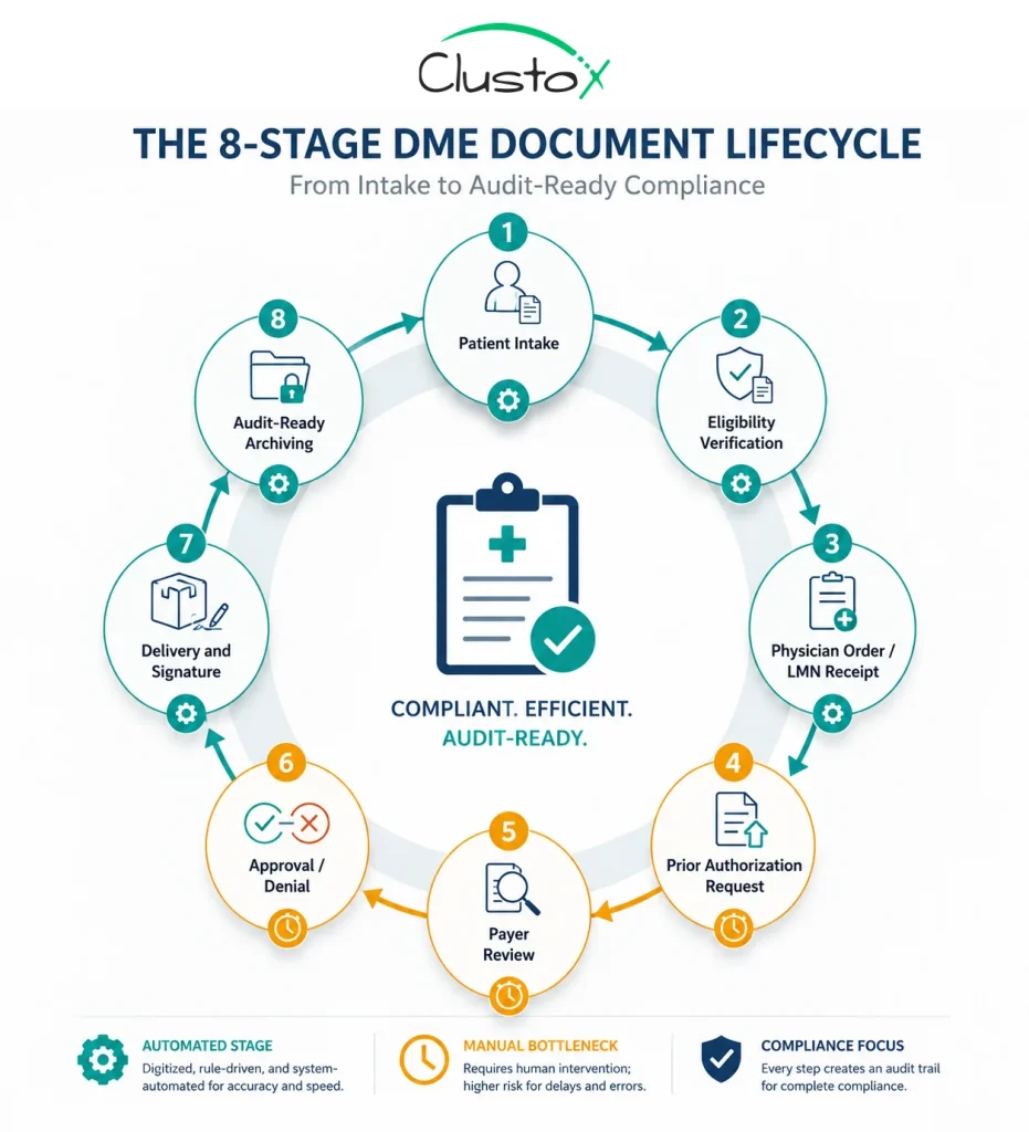 Infographic showing the eight-stage DME document lifecycle from patient intake to audit-ready archiving with automation and manual stages highlighted