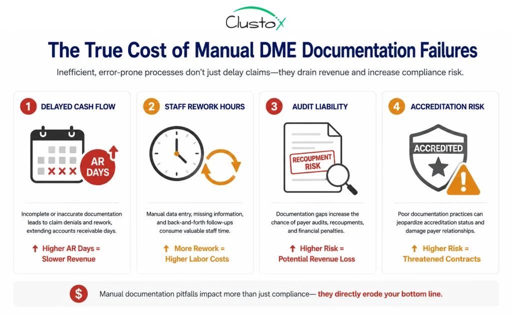Infographic showing four revenue and compliance cost categories caused by manual DME documentation: delayed cash flow, staff rework hours, audit liability, and accreditation risk
