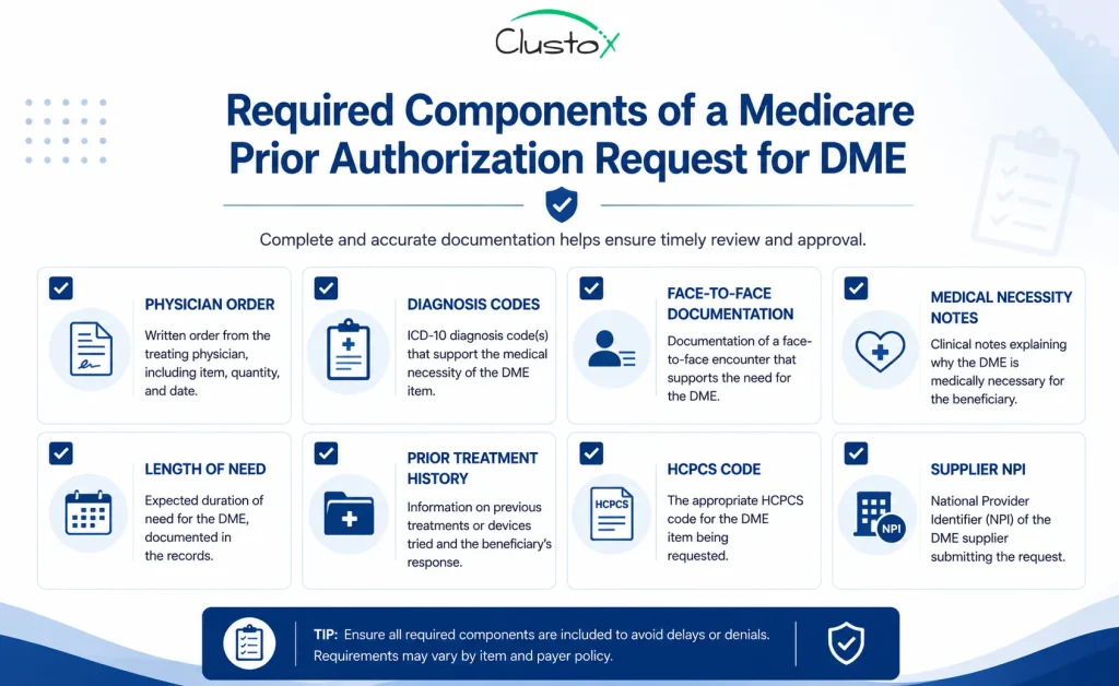 Required documentation checklist for a Medicare prior authorization request for durable medical equipment