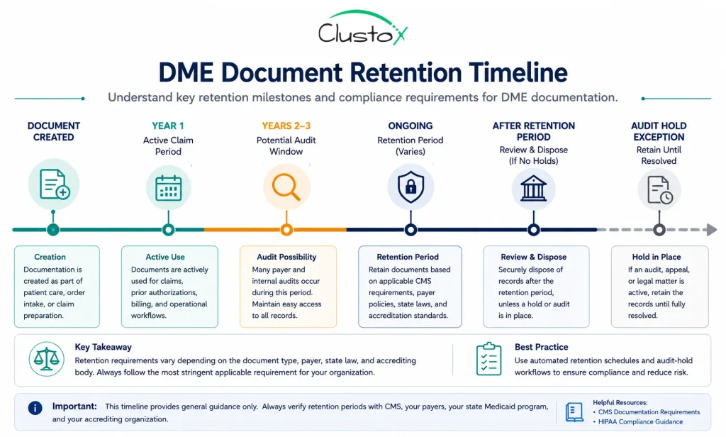 Timeline infographic showing DME document retention periods from creation through the CMS Medicare seven-year retention requirement with audit hold exceptions