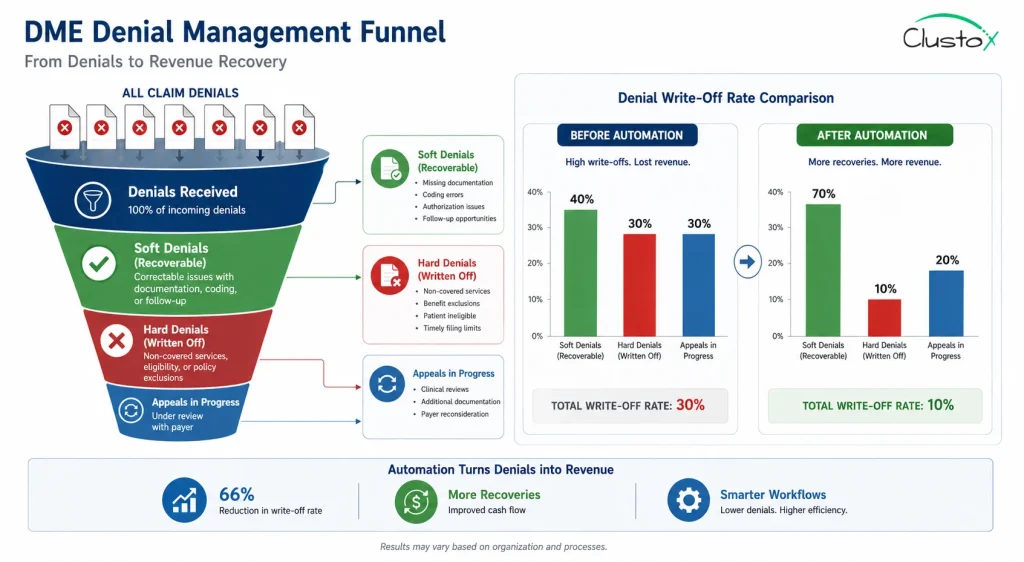 DME denial management funnel showing soft denial recovery rates before and after automation for revenue cycle management