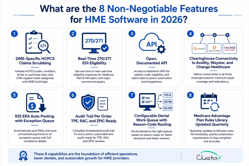 Infographic showing the 8 non-negotiable features required for HME software platforms in 2026