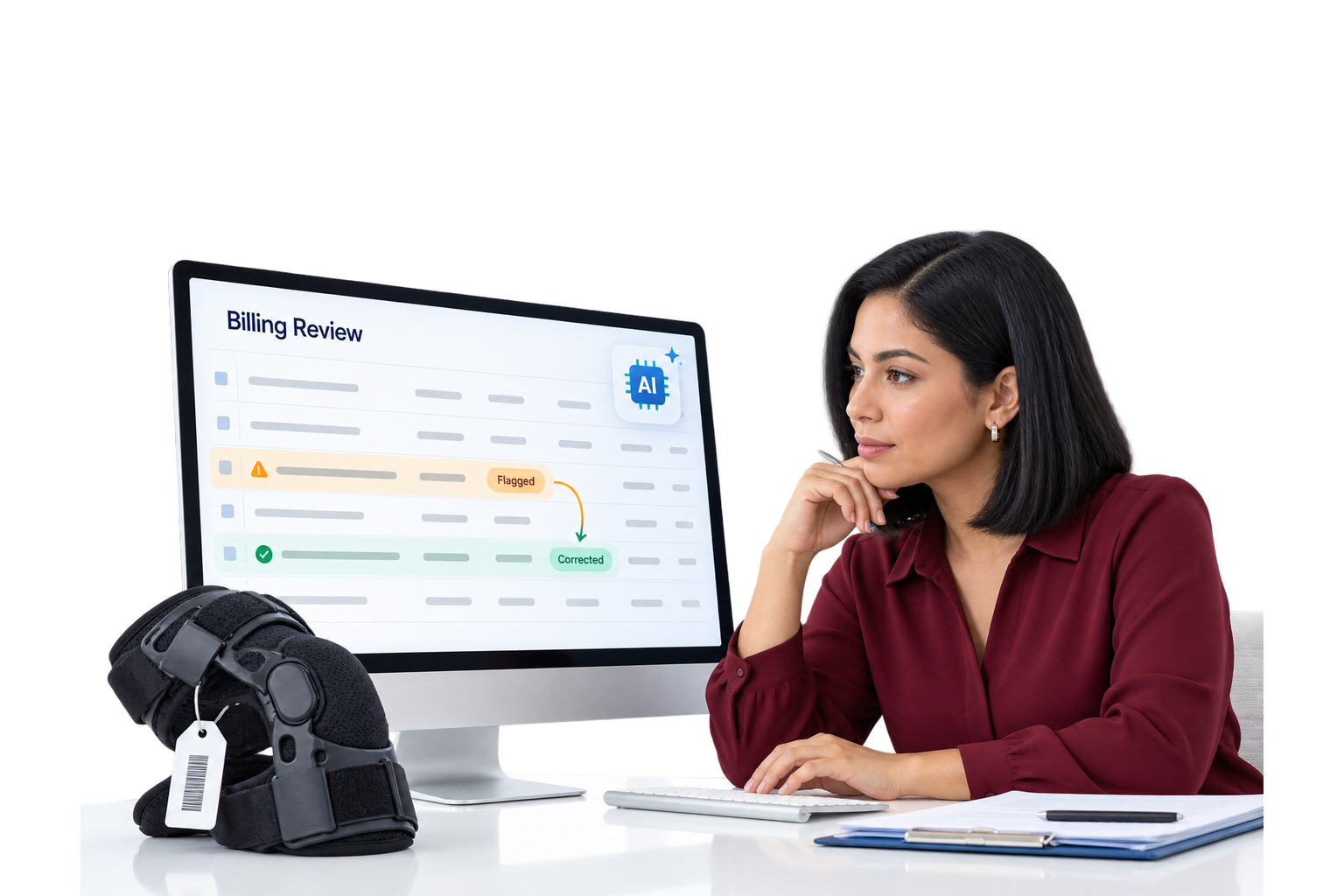 Side-by-side comparison of traditional DME billing with paper forms and errors versus AI-powered DME billing software with clean dashboards and approvals