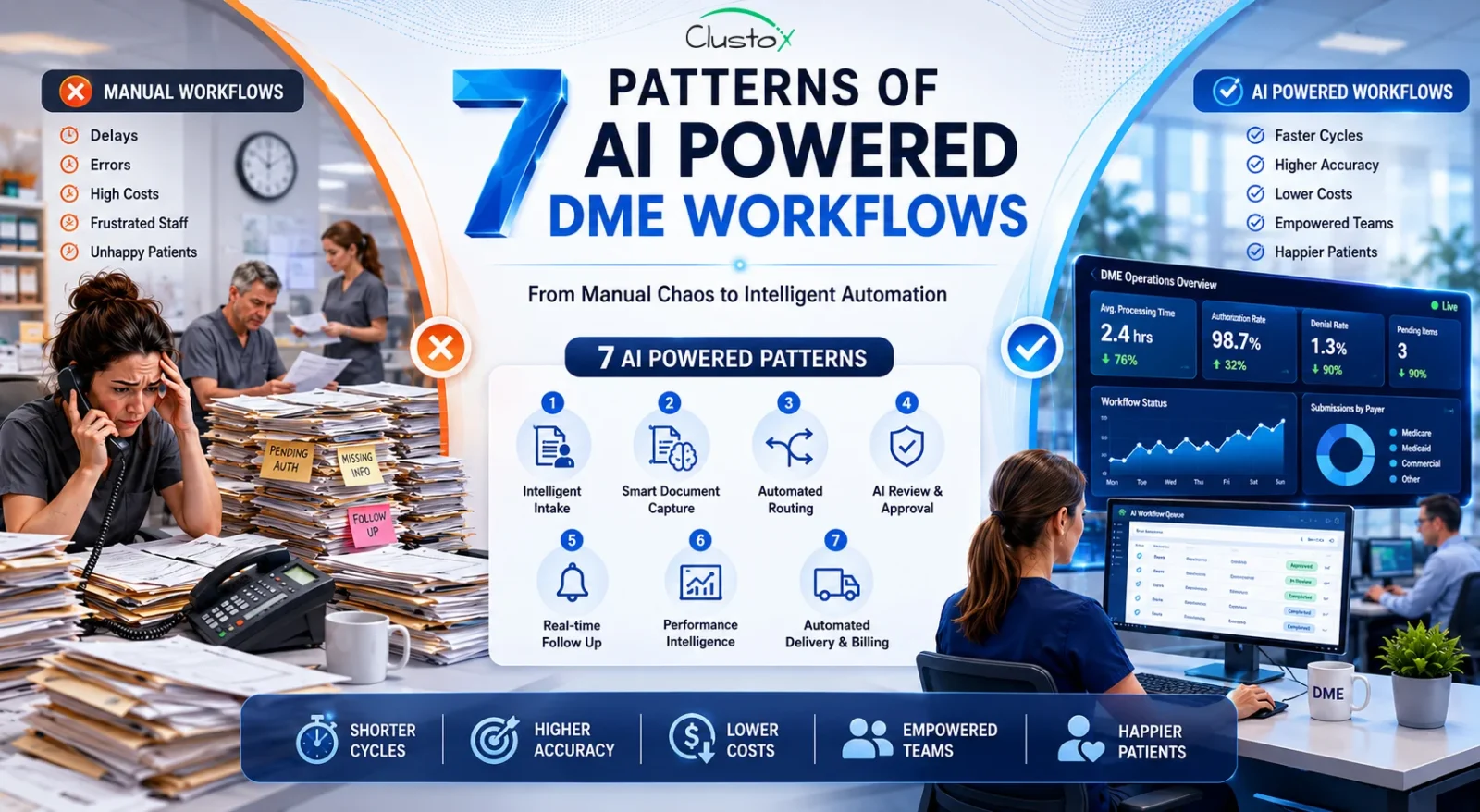 AI workflow automation in DME operations showing manual vs. automated process comparison for durable medical equipment providers