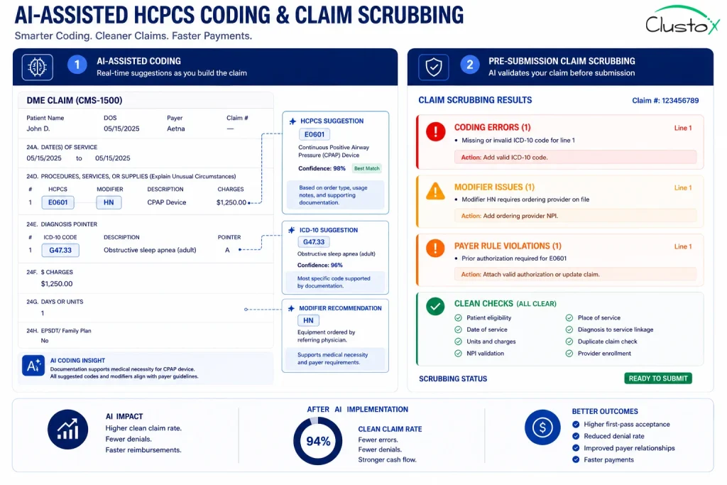 AI-assisted HCPCS coding and pre-submission claim scrubbing interface for DME billing showing error detection, modifier suggestions, and clean claim rate improvement