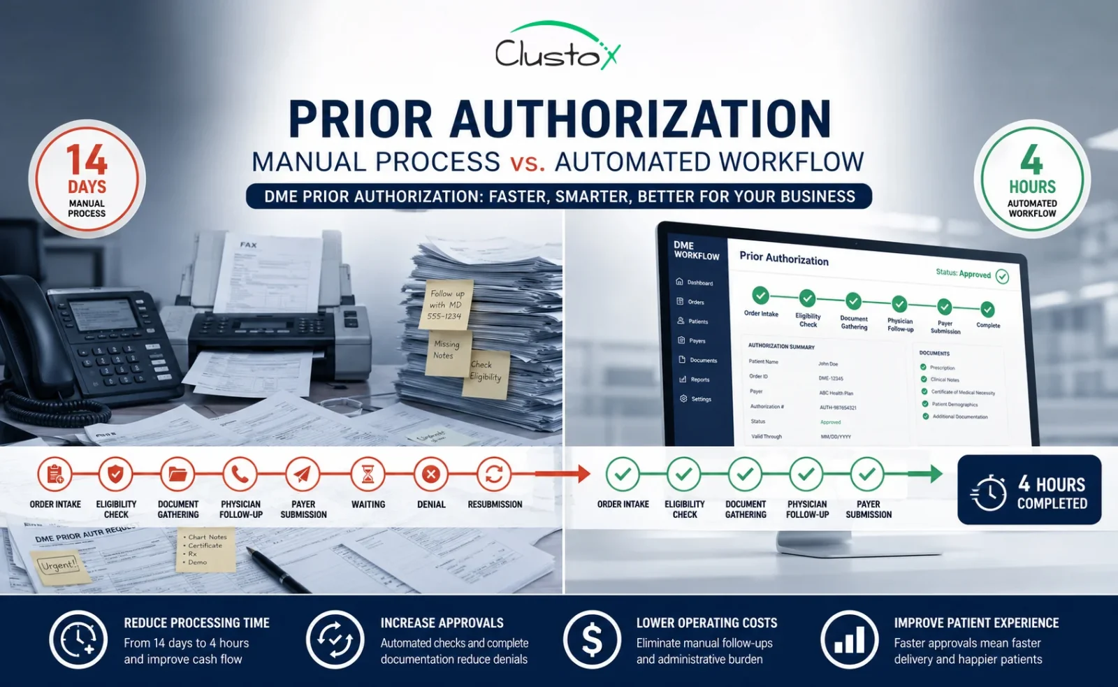 Prior authorization workflow comparison: 14-day manual process vs. 4-hour automated DME workflow