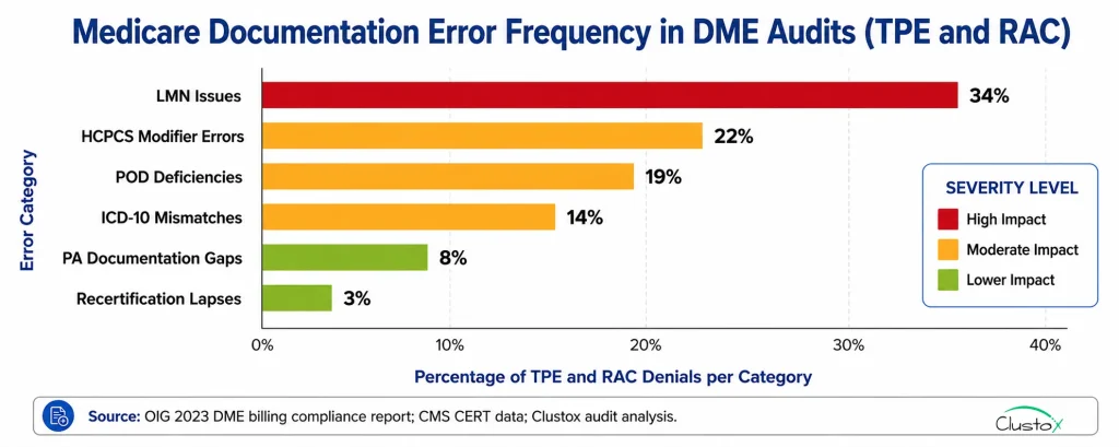 Bar chart showing frequency of Medicare documentation errors by category in DME TPE and RAC audits