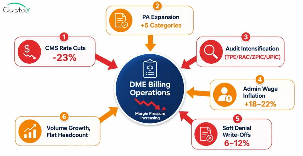 Diagram showing six market forces converging on DME billing operations making manual workflows unsustainable in 2026