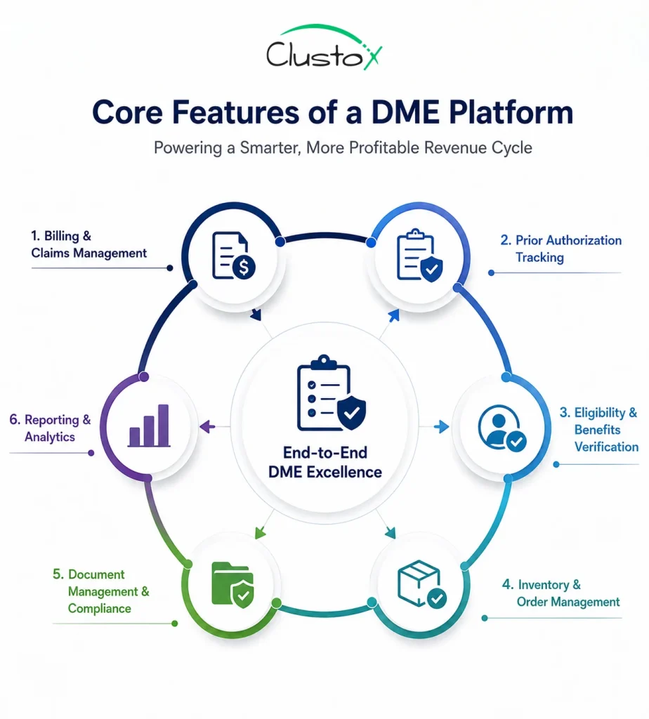 Circular infographic showing the core features of a DME software platform