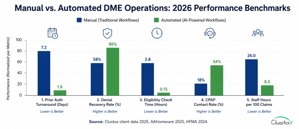 Bar chart comparing manual vs. automated DME workflow performance across five key metrics in 2026
