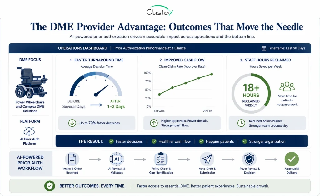 Operations dashboard infographic showing faster prior authorization turnaround, improved cash flow, and reclaimed staff hours for a DME provider