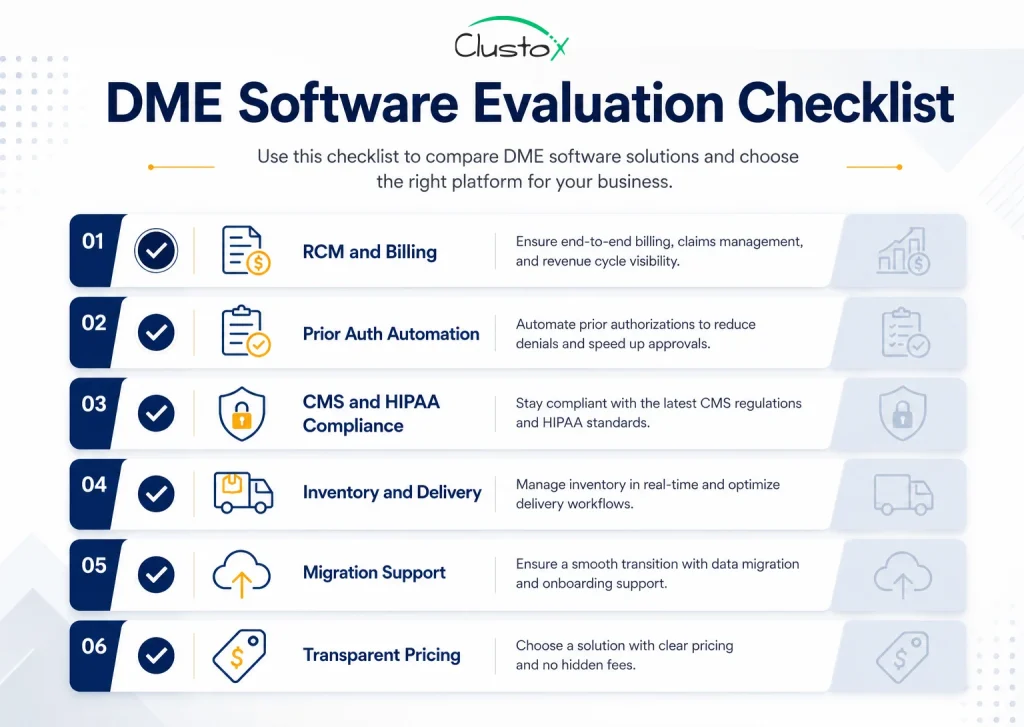 DME software evaluation checklist covering RCM billing, prior auth automation, CMS compliance, inventory, migration support, and pricing transparency