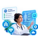 Healthcare operations specialist reviewing one flagged exception while a network of AI agents handles eligibility, prior authorization, and re-supply tasks