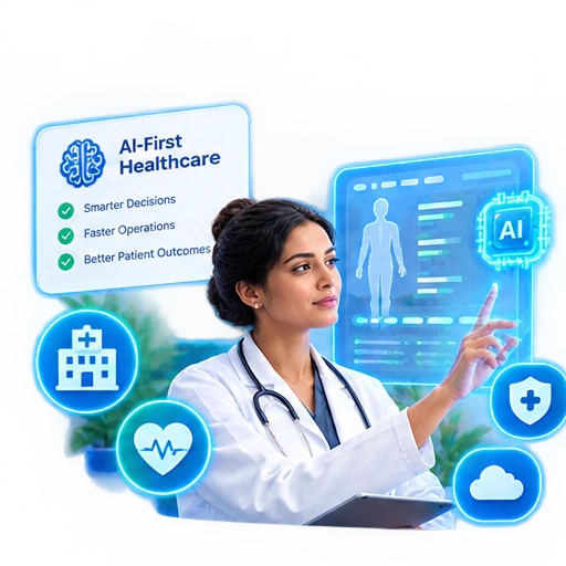 Healthcare operations specialist reviewing one flagged exception while a network of AI agents handles eligibility, prior authorization, and re-supply tasks