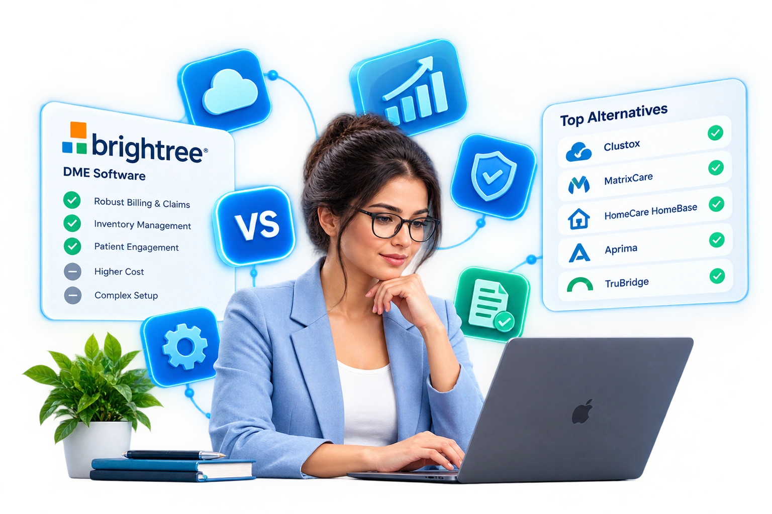 Brightree alternative DME software comparison guide 2026 feature image showing billing dashboard and key feature icons