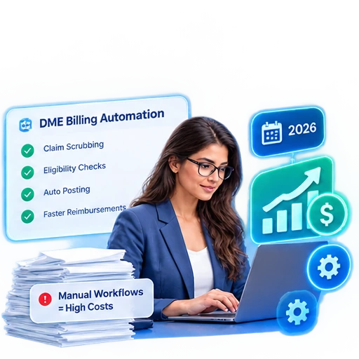 DME billing automation in 2026 showing the shift from manual workflows to AI-driven operations, with automated eligibility checks, prior authorizations, claim submissions, and denial management