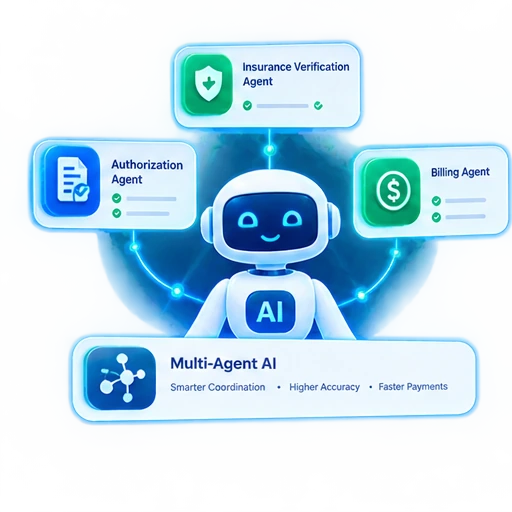 Multi-agent AI workflow diagram showing coordinated insurance verification, prior authorization, and billing agents in a DME revenue cycle pipeline
